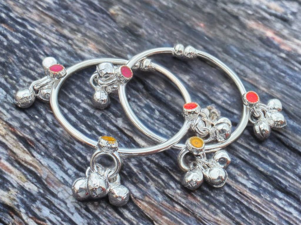 GERMANSILVERS Baby anklet Toe Ring, GERMANSILVERS with Enamel Accents,multi colour with bells, Adjustable Size