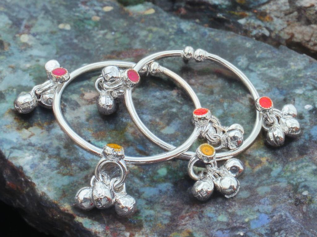 GERMANSILVERS Baby anklet Toe Ring, GERMANSILVERS with Enamel Accents,multi colour with bells, Adjustable Size