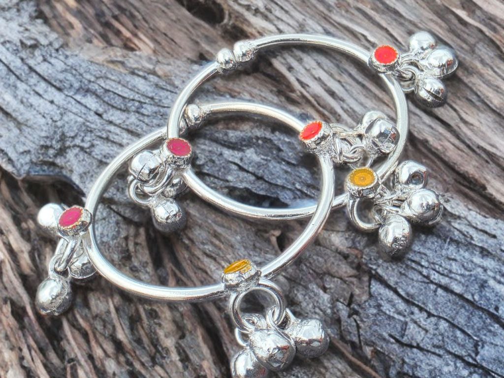 GERMANSILVERS Baby anklet Toe Ring, GERMANSILVERS with Enamel Accents,multi colour with bells, Adjustable Size