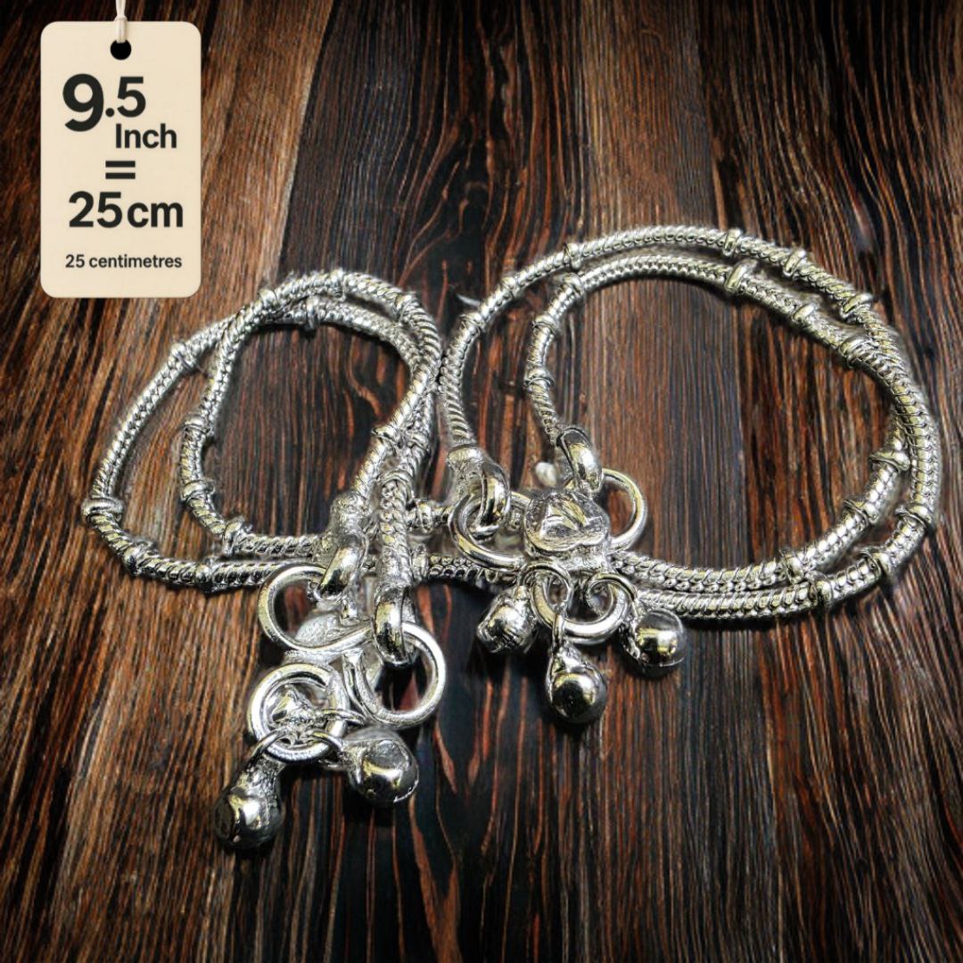 Unique Lightweight White Metal Silver Plated Anklets, NON-Adjustable Size, Contemporary Style, Silver PLATED, 2-Piece Set-9.5 Inch