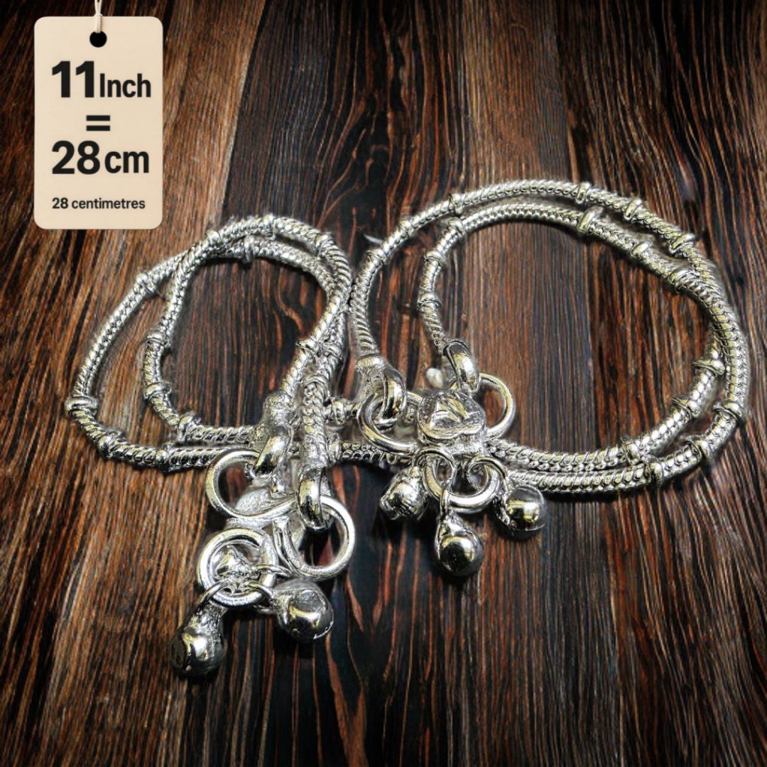 Unique Lightweight White Metal Silver Plated Anklets, NON-Adjustable Size, Contemporary Style, Silver PLATED, 2-Piece Set-11 Inch