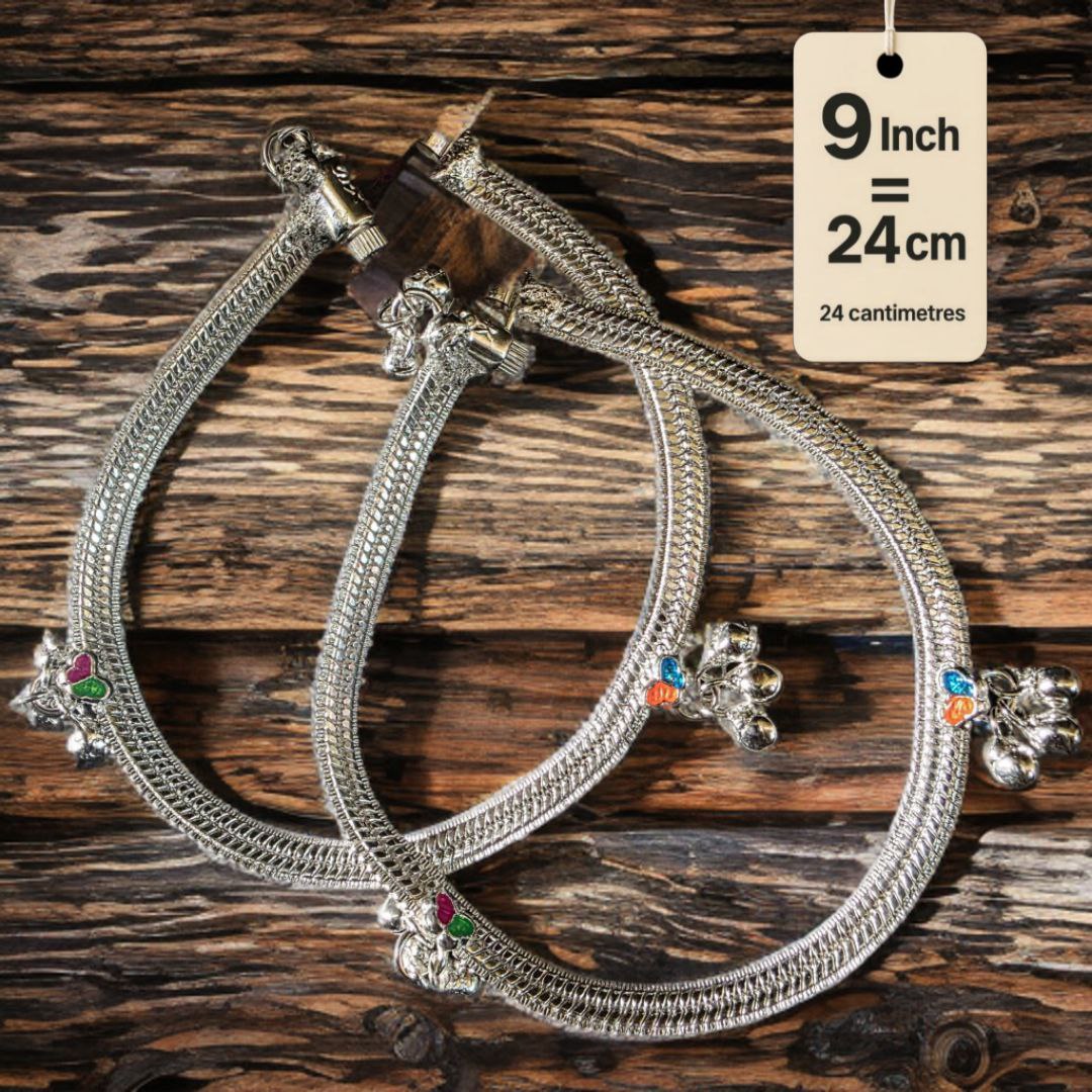 Traditional Silver-Plated Anklet Pair with Bells and Gemstone Charms, 25 cm Length, Adjustable 9 Inch