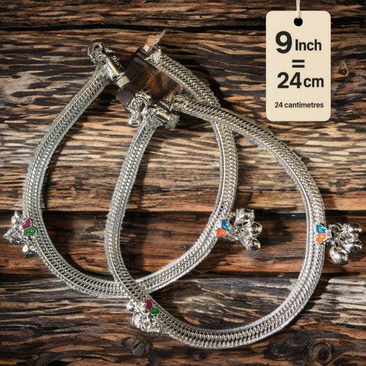 Traditional Silver-Plated Anklet Pair with Bells and Gemstone Charms, 25 cm Length, Adjustable 9 Inch