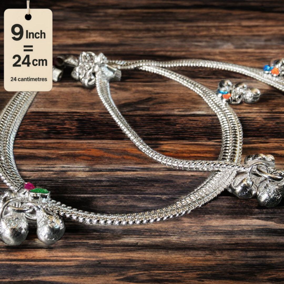 Traditional Silver-Plated Anklet Pair with Bells and Gemstone Charms, 25 cm Length, Adjustable 9 Inch
