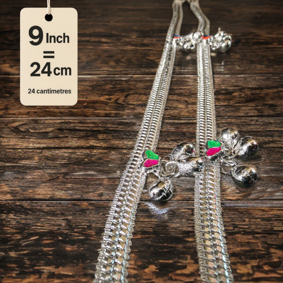 Traditional Silver-Plated Anklet Pair with Bells and Gemstone Charms, 25 cm Length, Adjustable 9 Inch