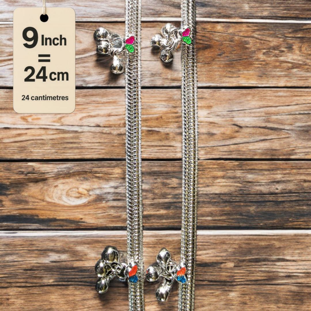 Traditional Silver-Plated Anklet Pair with Bells and Gemstone Charms, 25 cm Length, Adjustable 9 Inch