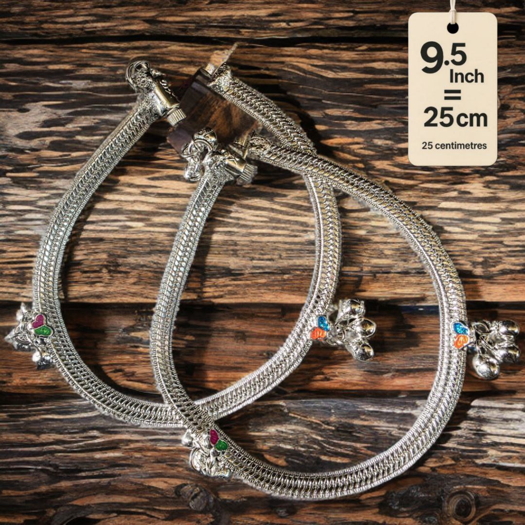 Traditional Silver-Plated Anklet Pair with Bells and Gemstone Charms, 25 cm Length, Adjustable 9.5 Inch