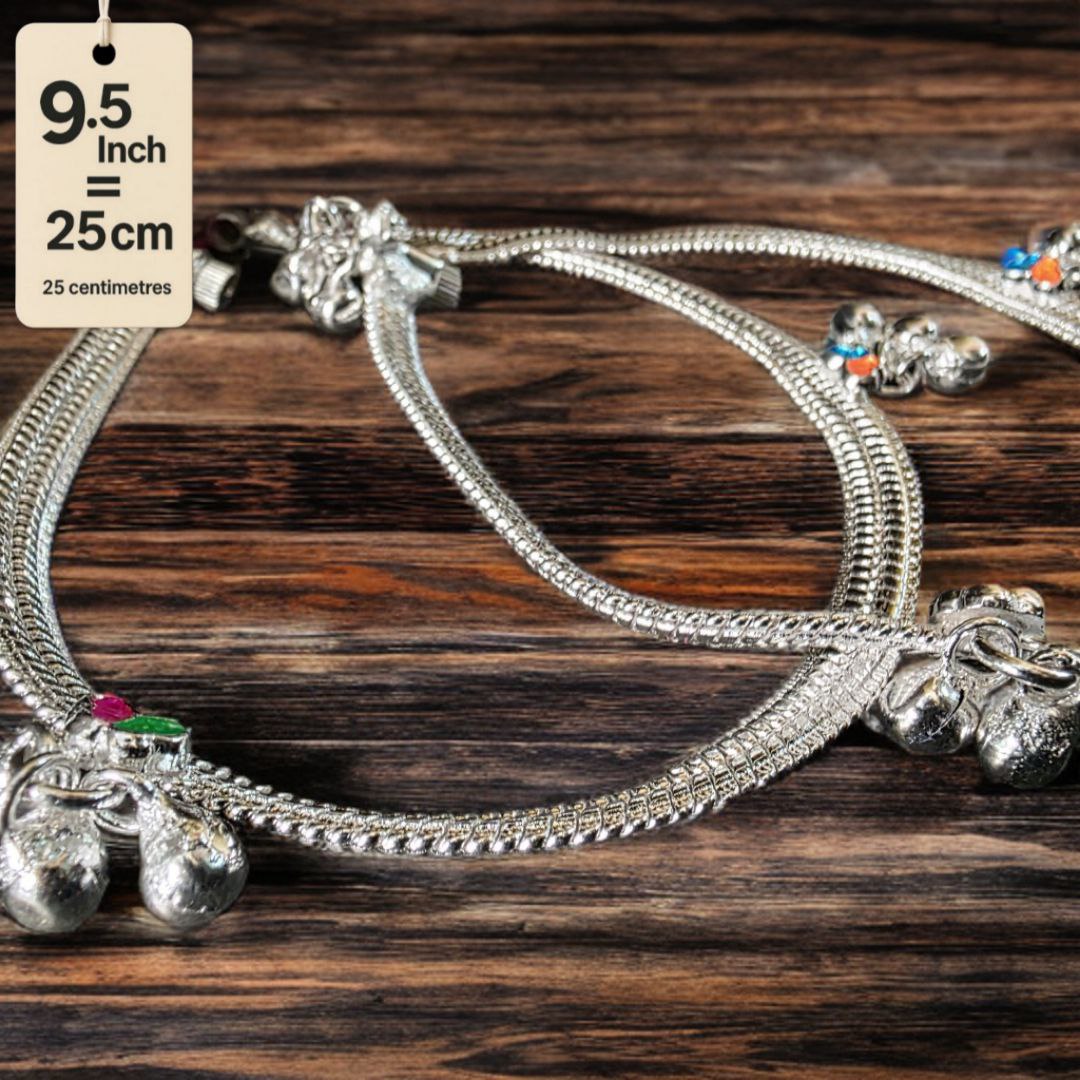 Traditional Silver-Plated Anklet Pair with Bells and Gemstone Charms, 25 cm Length, Adjustable 9.5 Inch