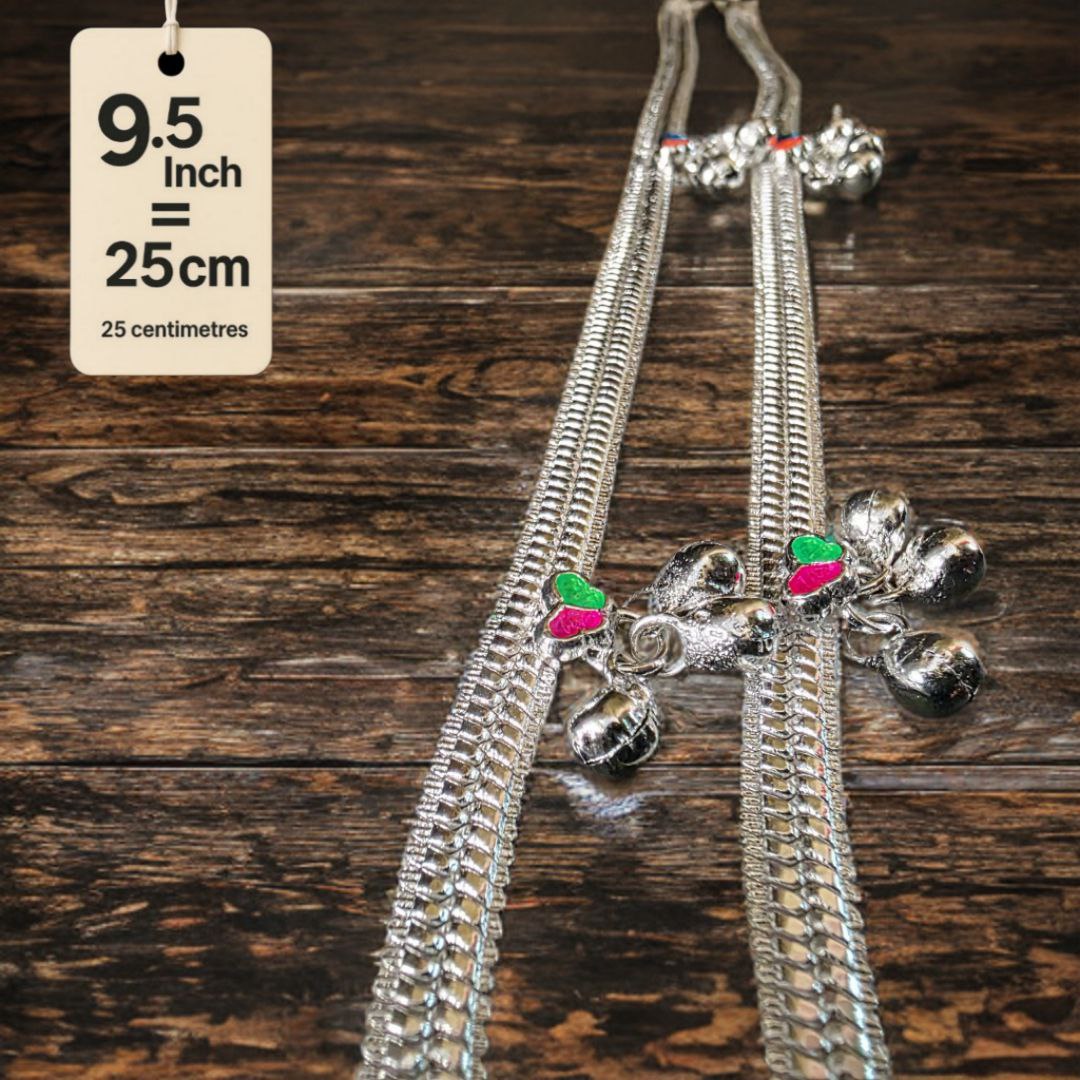 Traditional Silver-Plated Anklet Pair with Bells and Gemstone Charms, 25 cm Length, Adjustable 9.5 Inch