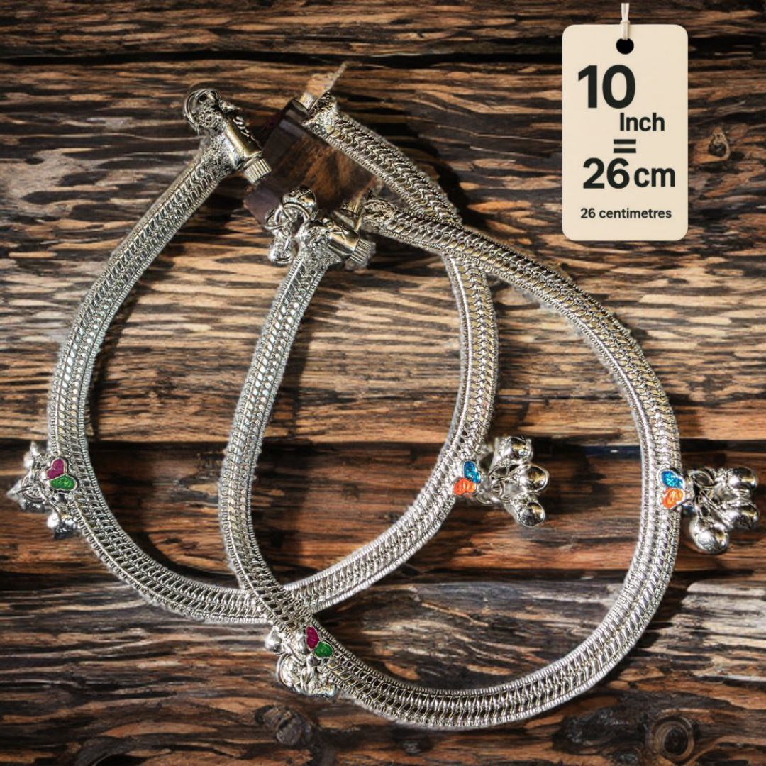 Traditional Silver-Plated Anklet Pair with Bells and Gemstone Charms, 26 cm Length, Adjustable 10 Inch