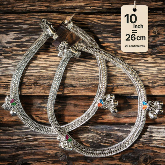 Traditional Silver-Plated Anklet Pair with Bells and Gemstone Charms, 26 cm Length, Adjustable 10 Inch