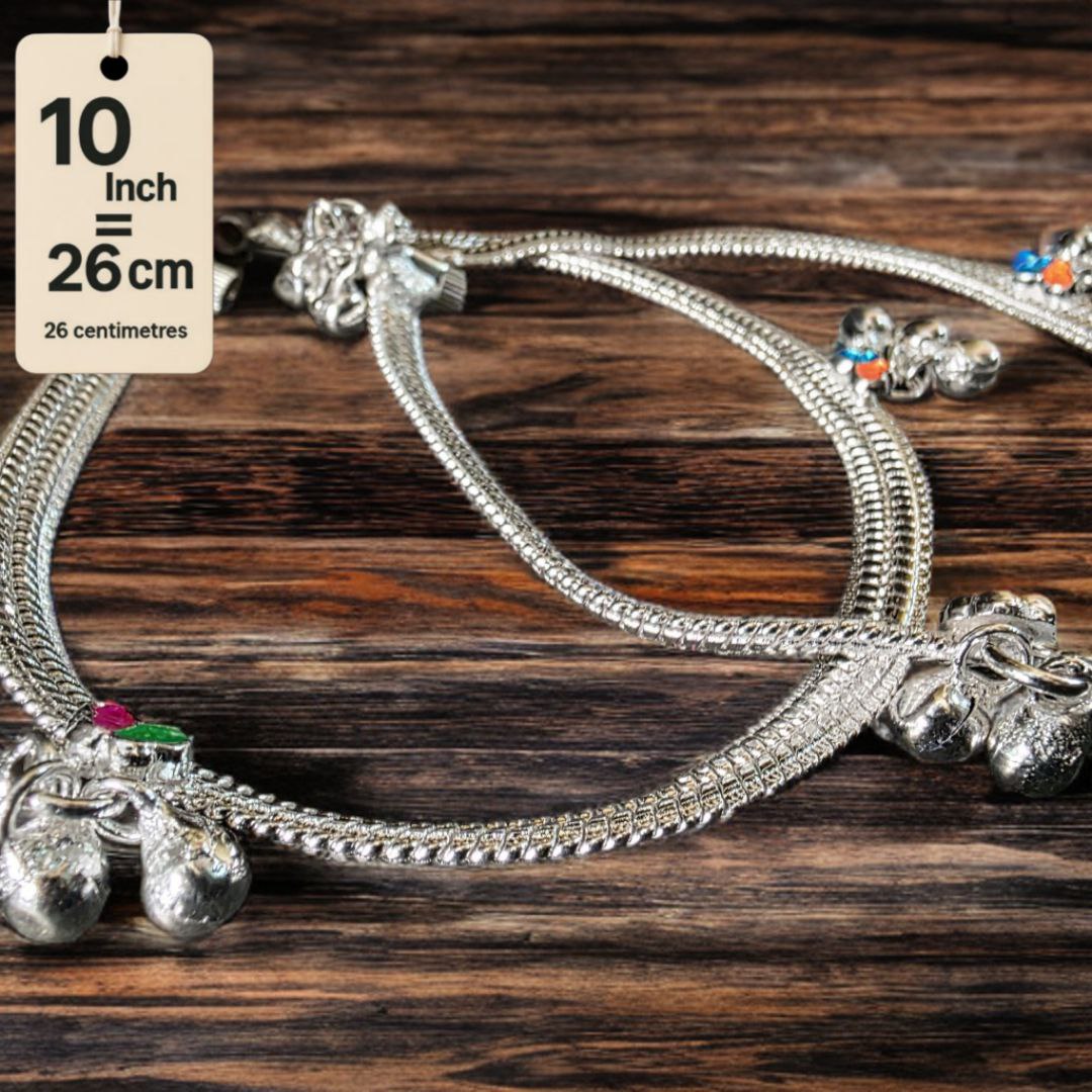 Traditional Silver-Plated Anklet Pair with Bells and Gemstone Charms, 26 cm Length, Adjustable 10 Inch