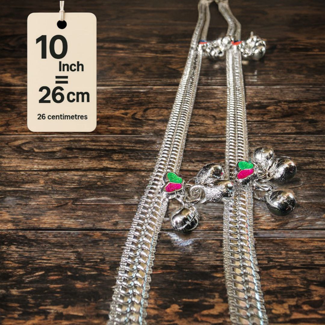 Traditional Silver-Plated Anklet Pair with Bells and Gemstone Charms, 26 cm Length, Adjustable 10 Inch