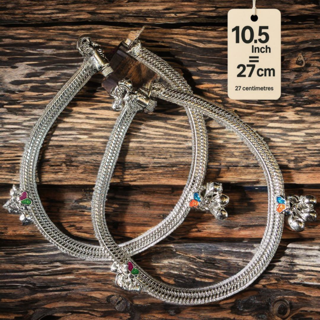 Traditional Silver-Plated Anklet Pair with Bells and Gemstone Charms, 25 cm Length, Adjustable 10 .5 Inch