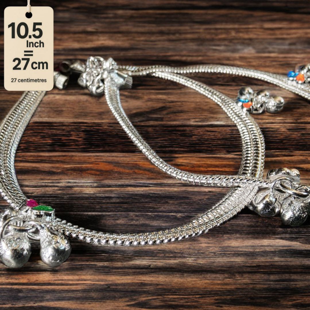 Traditional Silver-Plated Anklet Pair with Bells and Gemstone Charms, 25 cm Length, Adjustable 10 .5 Inch