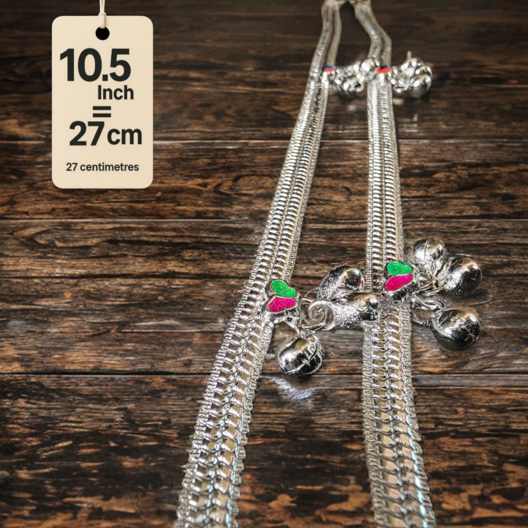 Traditional Silver-Plated Anklet Pair with Bells and Gemstone Charms, 25 cm Length, Adjustable 10 .5 Inch