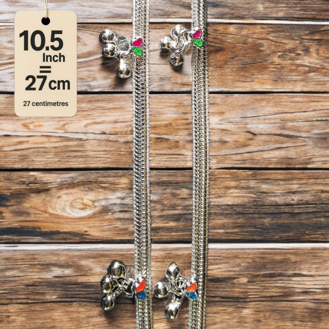 Traditional Silver-Plated Anklet Pair with Bells and Gemstone Charms, 25 cm Length, Adjustable 10 .5 Inch