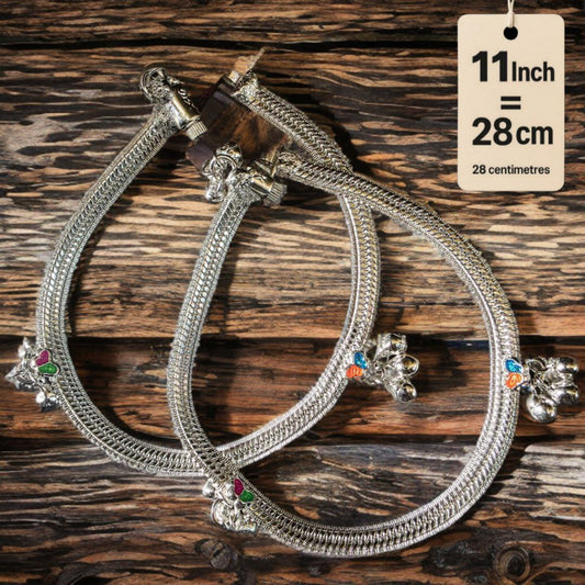 Traditional Silver-Plated Anklet Pair with Bells and Gemstone Charms, 28 cm Length, Adjustable 11 Inch