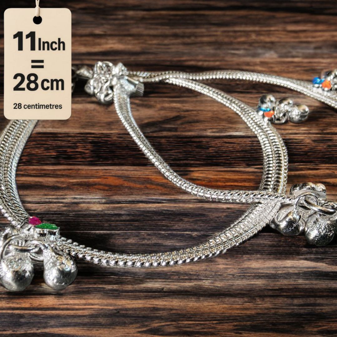 Traditional Silver-Plated Anklet Pair with Bells and Gemstone Charms, 28 cm Length, Adjustable 11 Inch