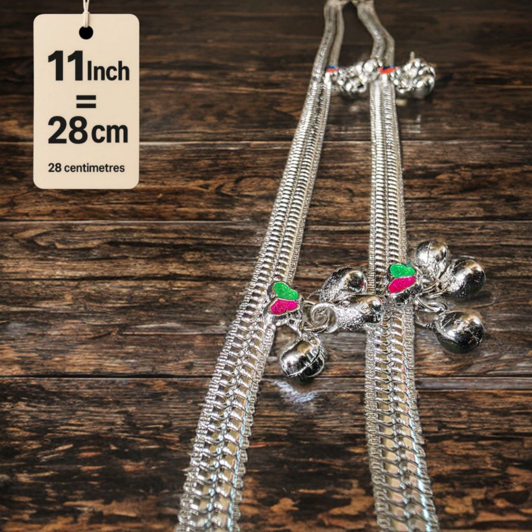 Traditional Silver-Plated Anklet Pair with Bells and Gemstone Charms, 28 cm Length, Adjustable 11 Inch