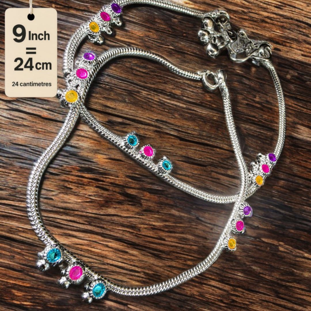 Traditional GermanSilver-Silver Plated Anklet Set with Multicolour Gemstones, Melodious Bells, 24 cm Length, non Adjustable- 9 Inch