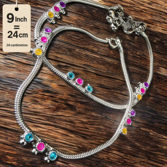 Traditional GermanSilver-Silver Plated Anklet Set with Multicolour Gemstones, Melodious Bells, 24 cm Length, non Adjustable- 9 Inch