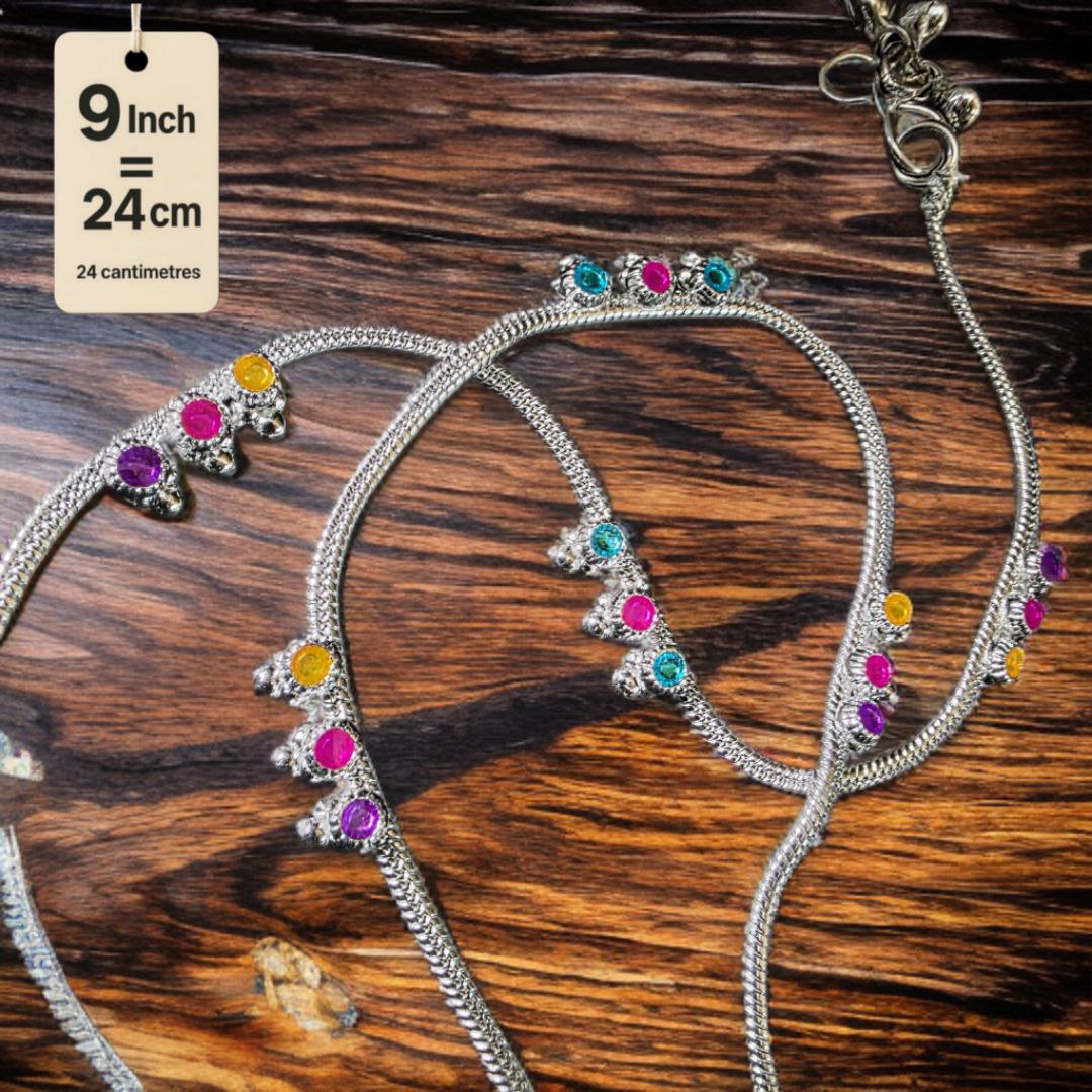 Traditional GermanSilver-Silver Plated Anklet Set with Multicolour Gemstones, Melodious Bells, 24 cm Length, non Adjustable- 9 Inch