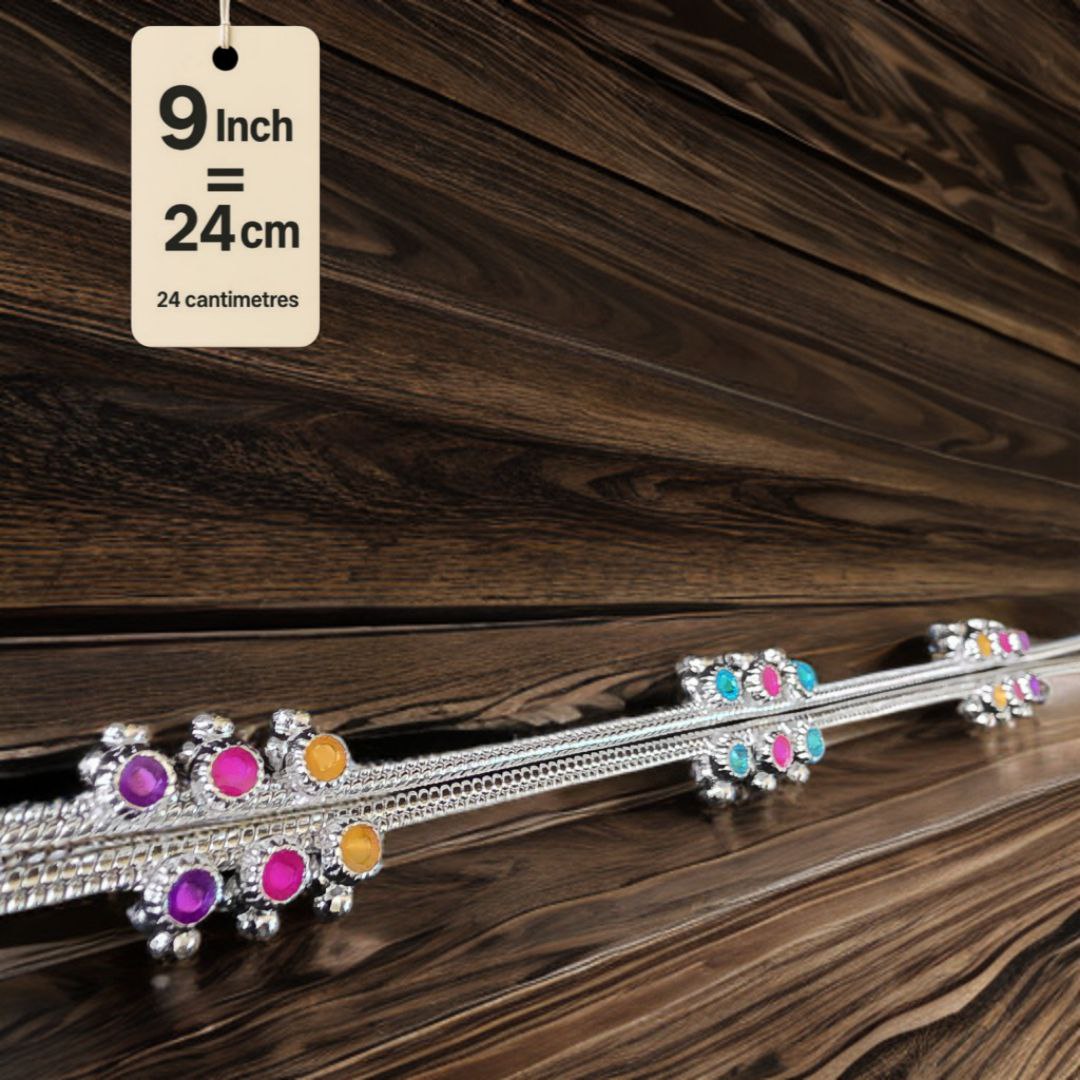 Traditional GermanSilver-Silver Plated Anklet Set with Multicolour Gemstones, Melodious Bells, 24 cm Length, non Adjustable- 9 Inch