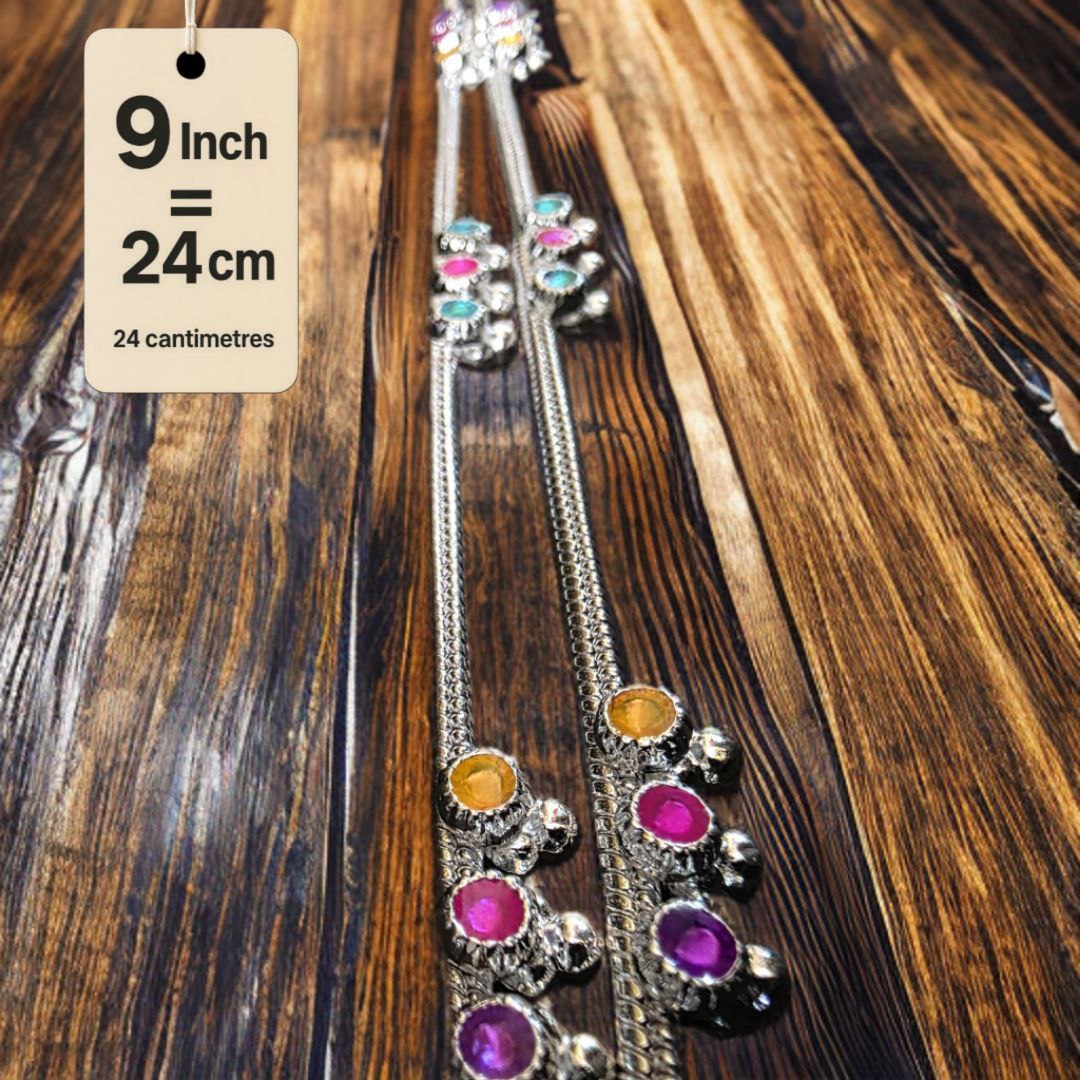 Traditional GermanSilver-Silver Plated Anklet Set with Multicolour Gemstones, Melodious Bells, 24 cm Length, non Adjustable- 9 Inch