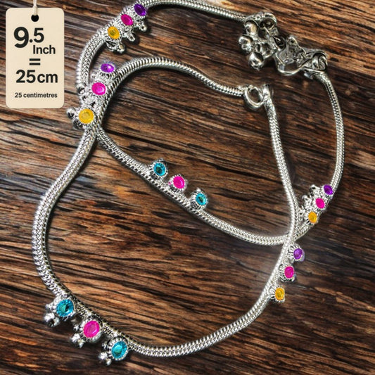 Traditional GermanSilver-Silver Plated Anklet Set with Multicolour Gemstones, Melodious Bells, 25 cm Length, non Adjustable- 9.5 Inch