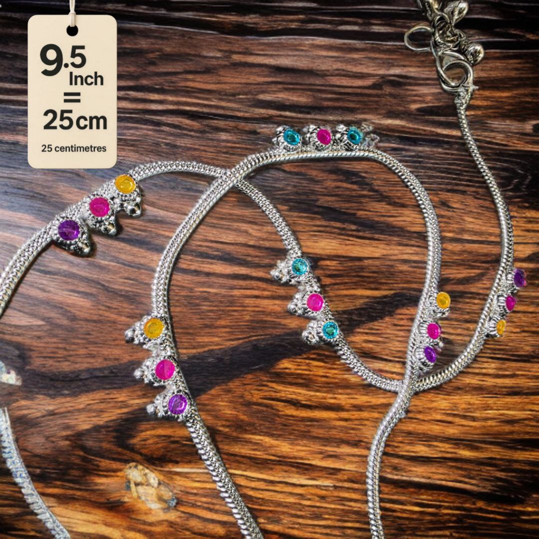 Traditional GermanSilver-Silver Plated Anklet Set with Multicolour Gemstones, Melodious Bells, 25 cm Length, non Adjustable- 9.5 Inch