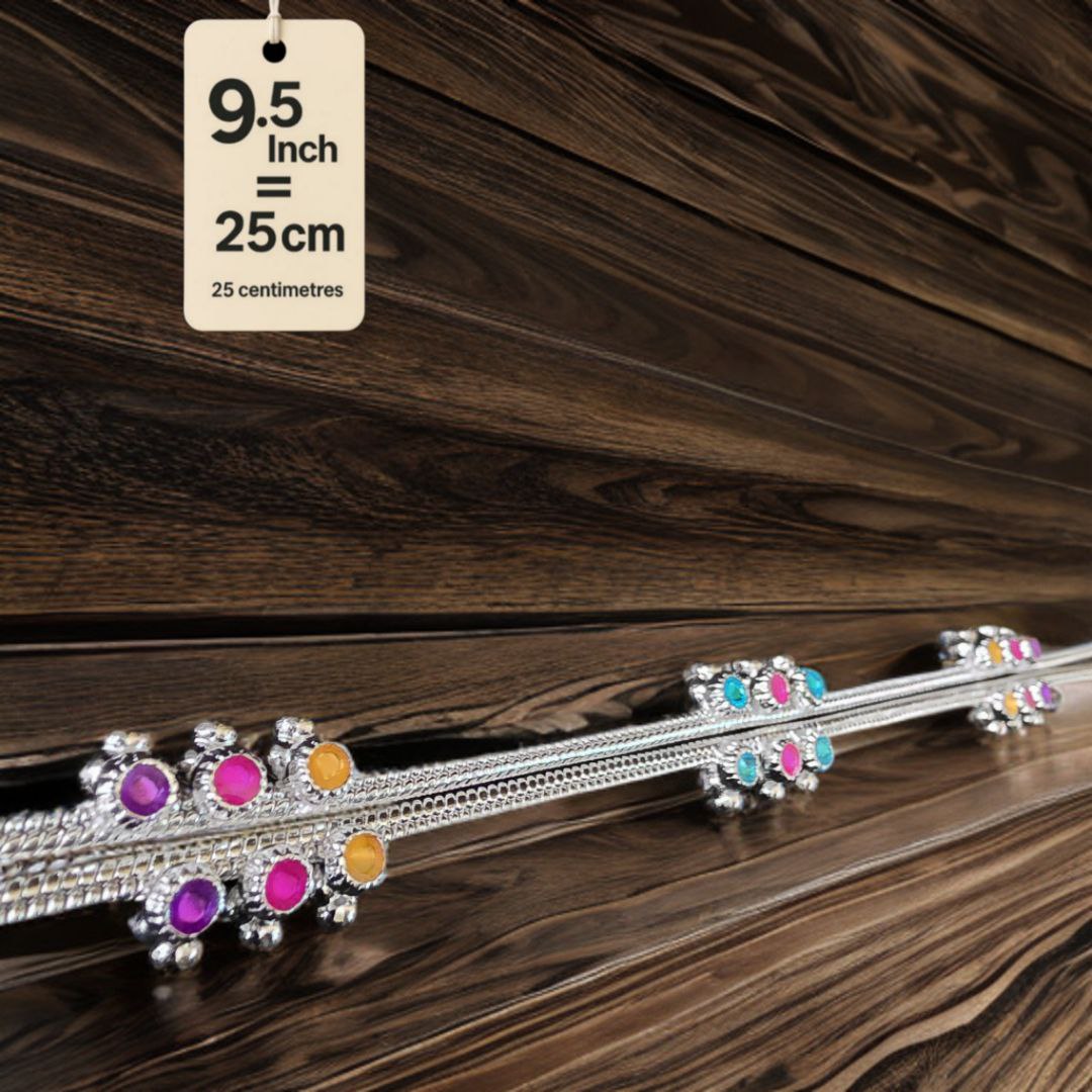 Traditional GermanSilver-Silver Plated Anklet Set with Multicolour Gemstones, Melodious Bells, 25 cm Length, non Adjustable- 9.5 Inch