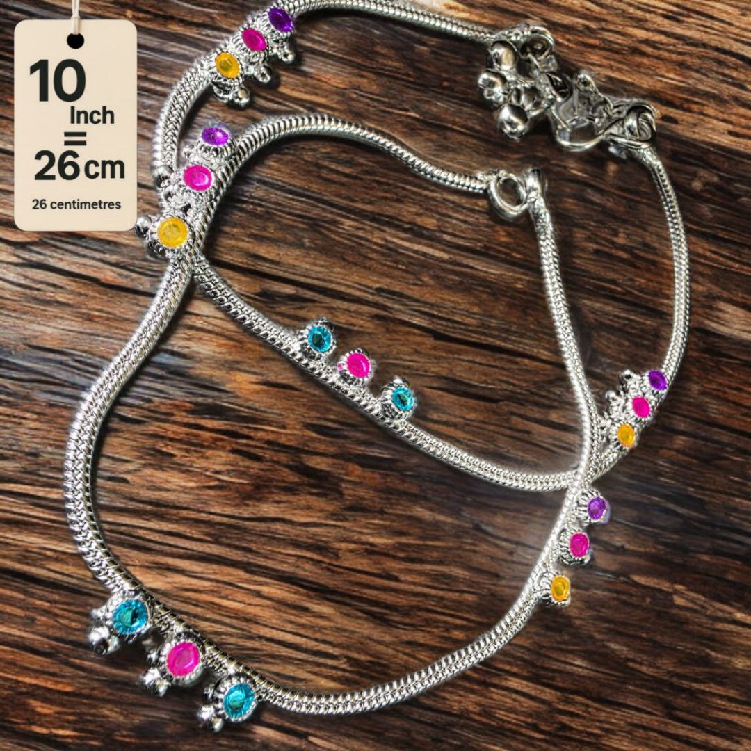 Traditional GermanSilver-Silver Plated Anklet Set with Multicolour Gemstones, Melodious Bells, 26 cm Length, non Adjustable- 10Inch