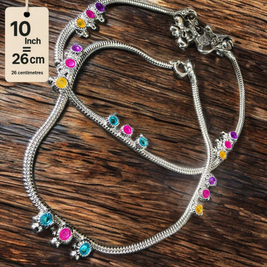 Traditional GermanSilver-Silver Plated Anklet Set with Multicolour Gemstones, Melodious Bells, 26 cm Length, non Adjustable- 10Inch