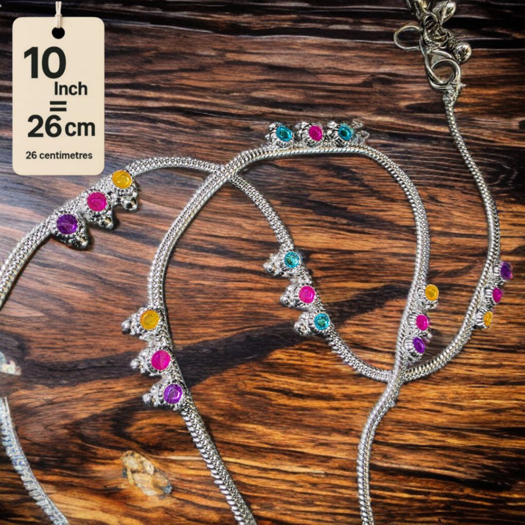 Traditional GermanSilver-Silver Plated Anklet Set with Multicolour Gemstones, Melodious Bells, 26 cm Length, non Adjustable- 10Inch