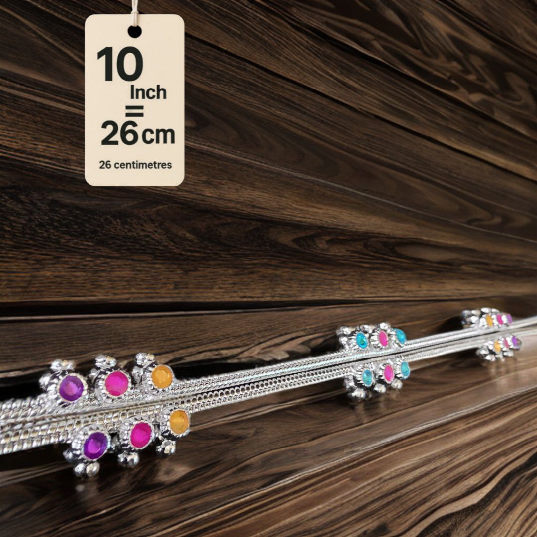 Traditional GermanSilver-Silver Plated Anklet Set with Multicolour Gemstones, Melodious Bells, 26 cm Length, non Adjustable- 10Inch