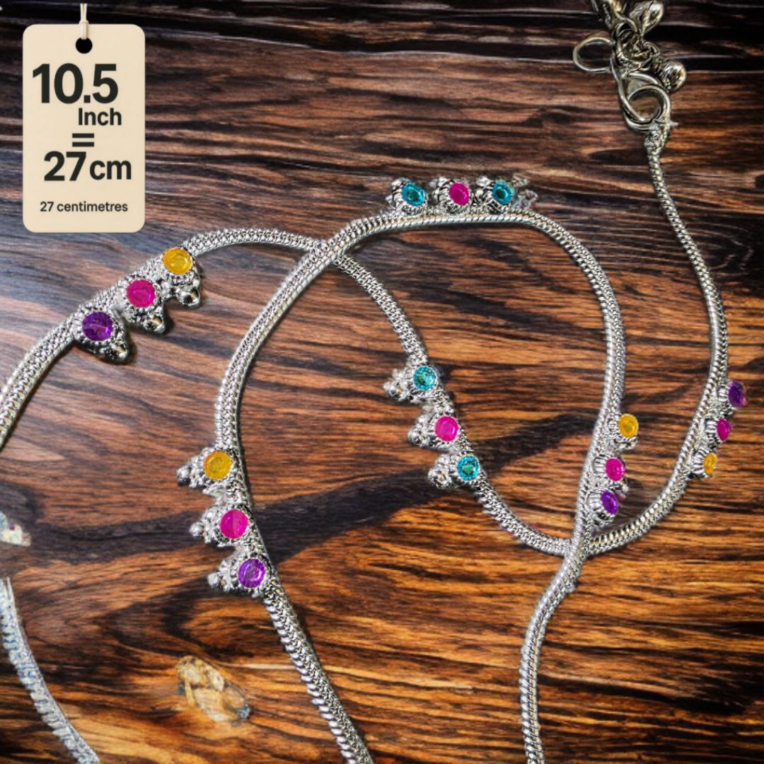 Traditional GermanSilver-Silver Plated Anklet Set with Multicolour Gemstones, Melodious Bells, 27 cm Length, non Adjustable- 10.5 Inch