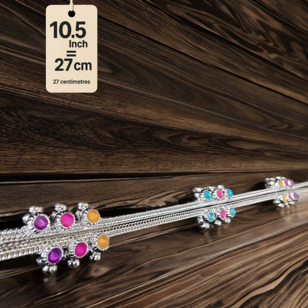 Traditional GermanSilver-Silver Plated Anklet Set with Multicolour Gemstones, Melodious Bells, 27 cm Length, non Adjustable- 10.5 Inch