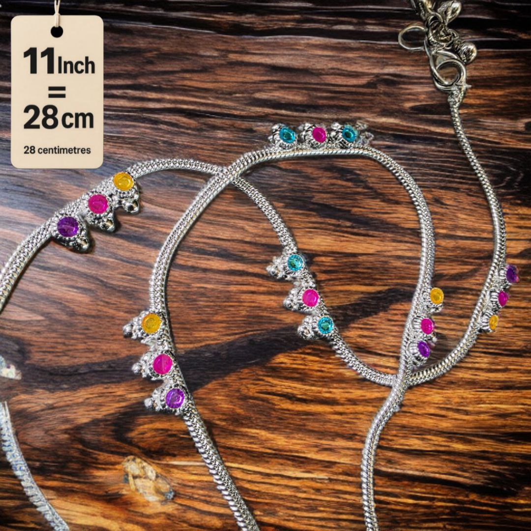 Traditional GermanSilver-Silver Plated Anklet Set with Multicolour Gemstones, Melodious Bells, 28 cm Length, non Adjustable- 11Inch