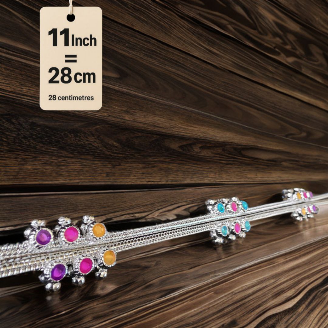 Traditional GermanSilver-Silver Plated Anklet Set with Multicolour Gemstones, Melodious Bells, 28 cm Length, non Adjustable- 11Inch