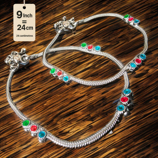 Traditional Lightweight White Metal Silver Plated Anklets, NON-Adjustable Size, Contemporary Style, Silver PLATED, 2-Piece Set-9 Inch