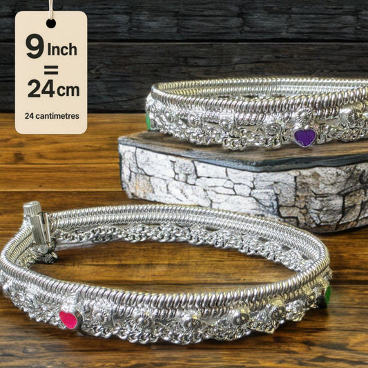 German Silver -Silver Plated Traditional Anklet with NON-Adjustable Size, Contemporary Style, Silver PLATED, 2-Piece Set-9 Inch Coloured Heart Details, Set of 2