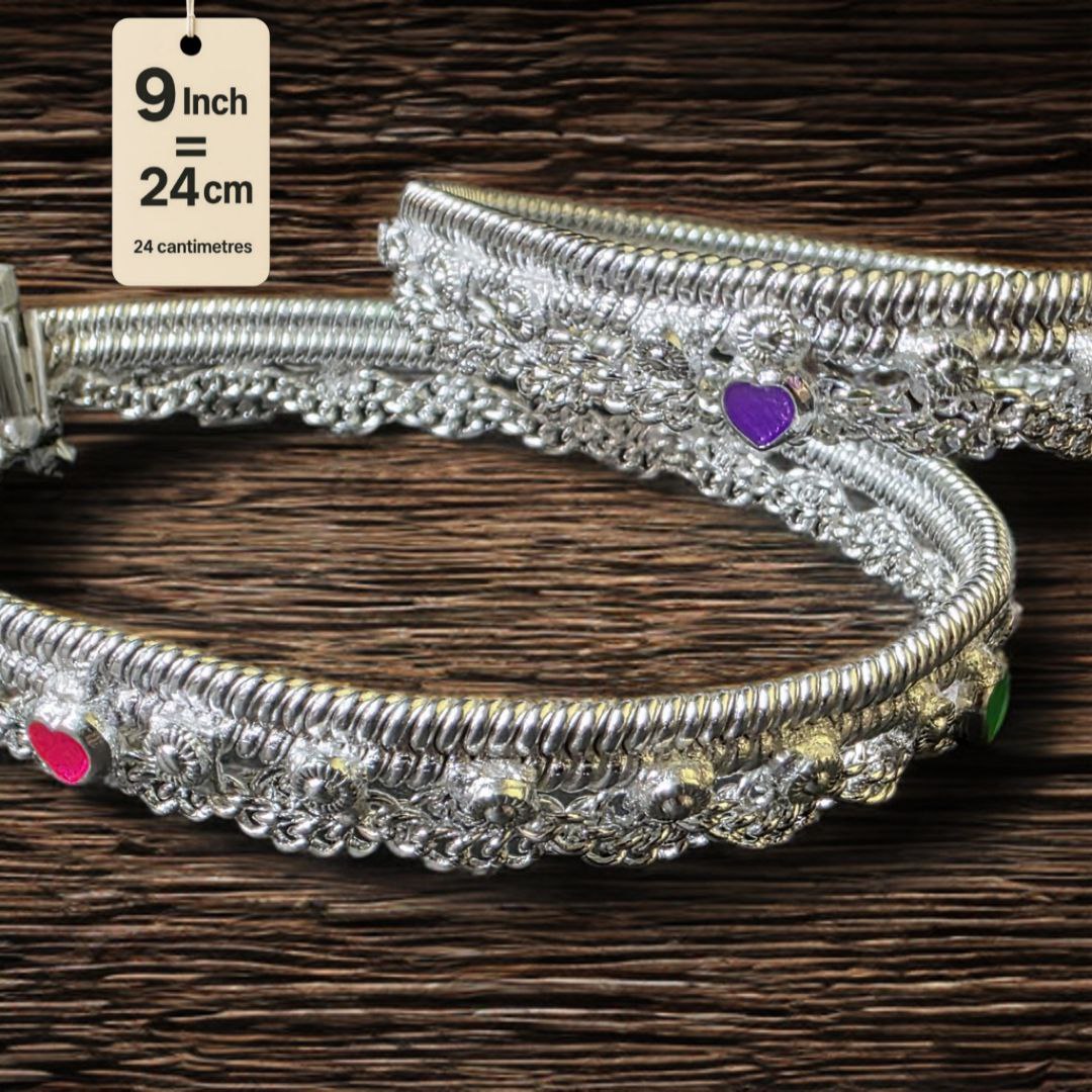 German Silver -Silver Plated Traditional Anklet with NON-Adjustable Size, Contemporary Style, Silver PLATED, 2-Piece Set-9 Inch Coloured Heart Details, Set of 2