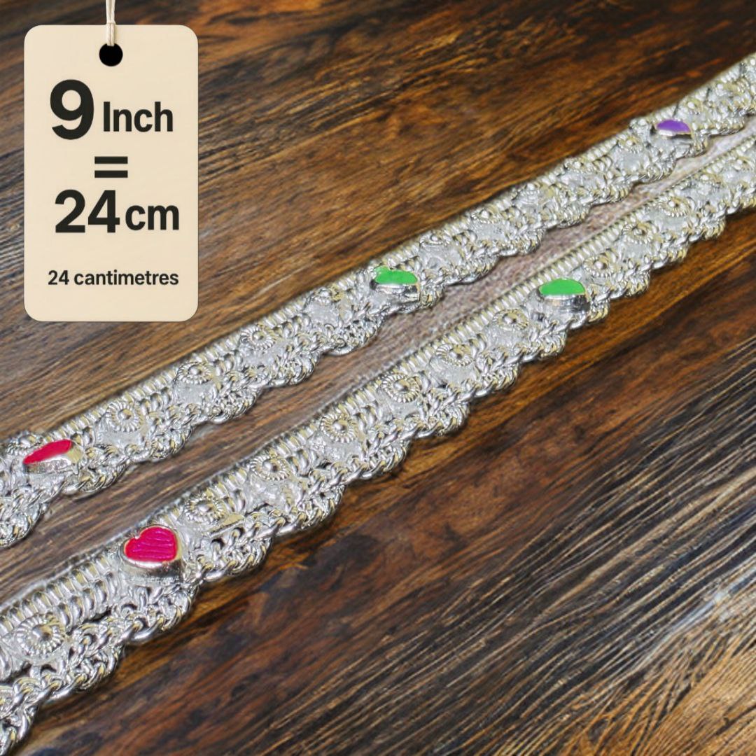 German Silver -Silver Plated Traditional Anklet with NON-Adjustable Size, Contemporary Style, Silver PLATED, 2-Piece Set-9 Inch Coloured Heart Details, Set of 2