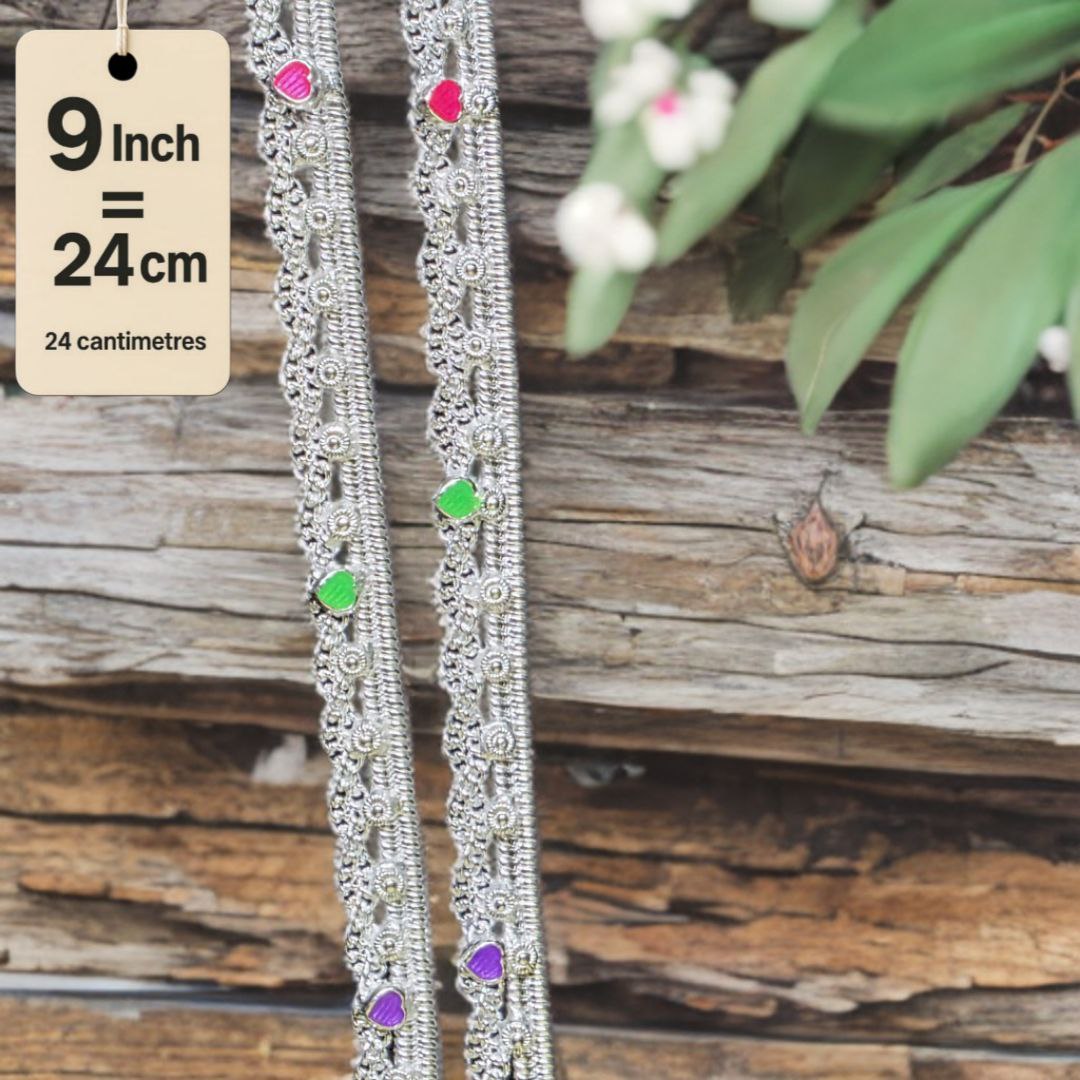 German Silver -Silver Plated Traditional Anklet with NON-Adjustable Size, Contemporary Style, Silver PLATED, 2-Piece Set-9 Inch Coloured Heart Details, Set of 2