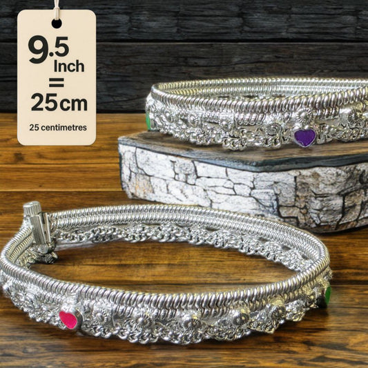 German Silver -Silver Plated Traditional Anklet with NON-Adjustable Size, Contemporary Style, Silver PLATED, 2-Piece Set-9.5 Inch Coloured Heart Details, Set of 2