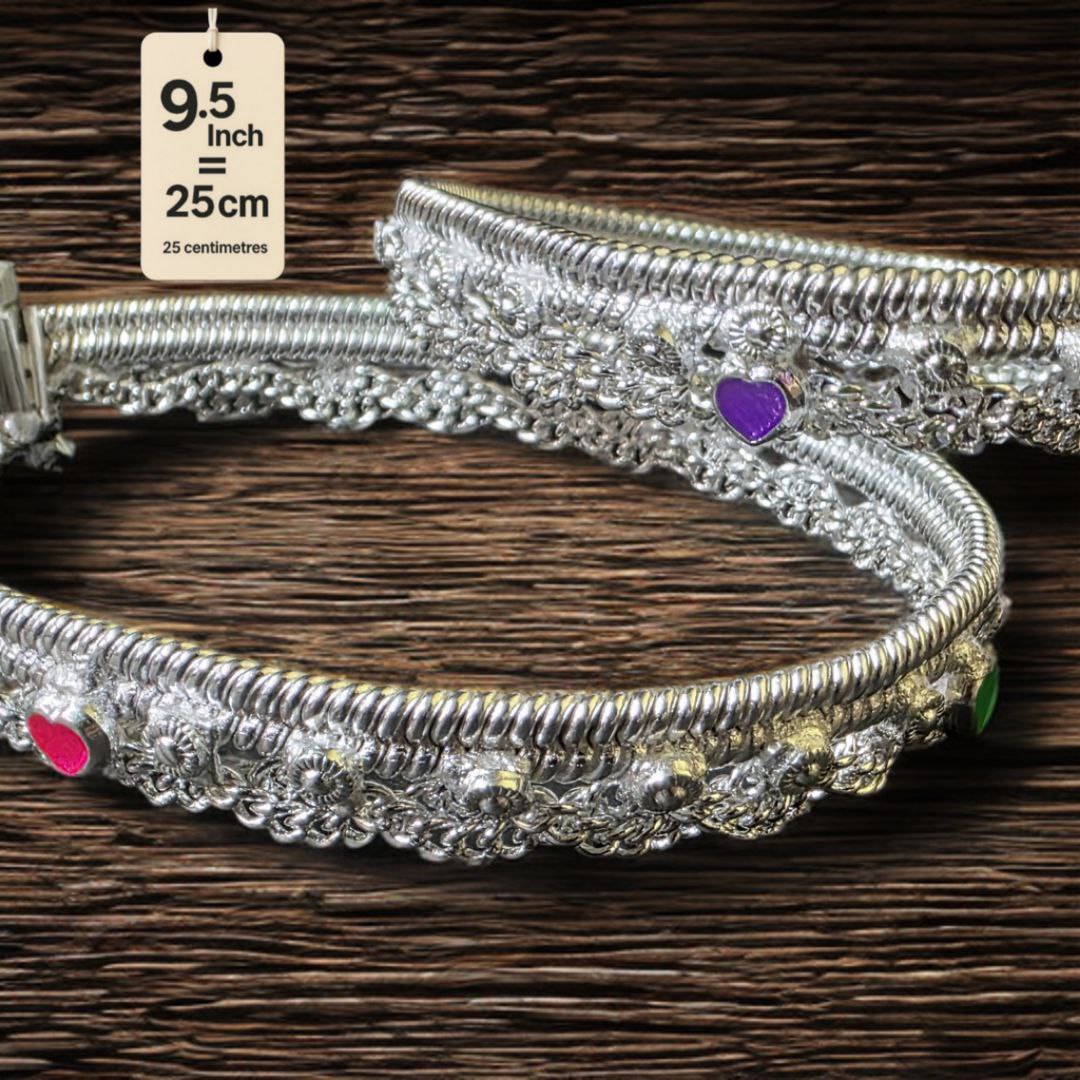 German Silver -Silver Plated Traditional Anklet with NON-Adjustable Size, Contemporary Style, Silver PLATED, 2-Piece Set-9.5 Inch Coloured Heart Details, Set of 2