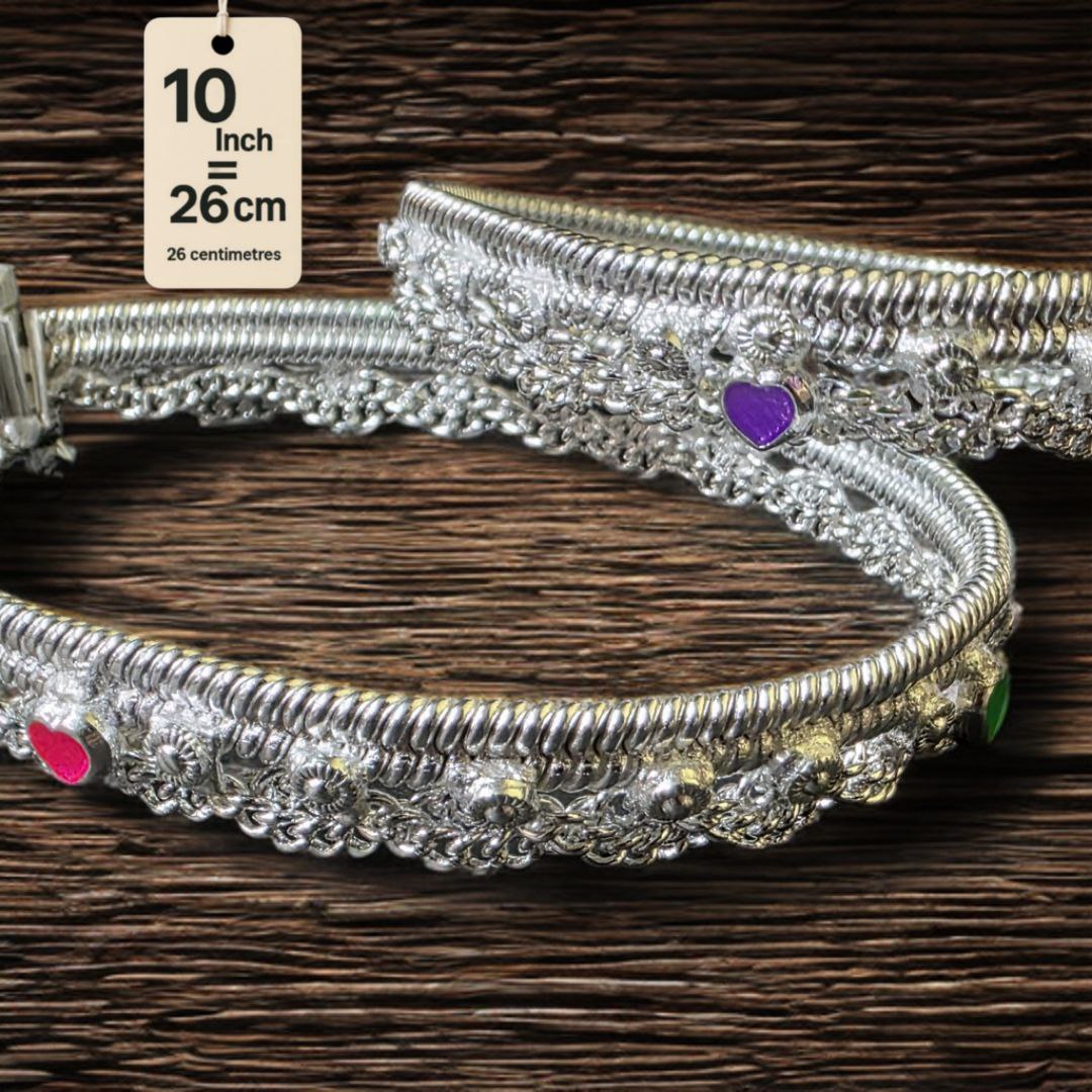 German Silver -Silver Plated Traditional Anklet with NON-Adjustable Size, Contemporary Style, Silver PLATED, 2-Piece Set-10 Inch Coloured Heart Details, Set of 2