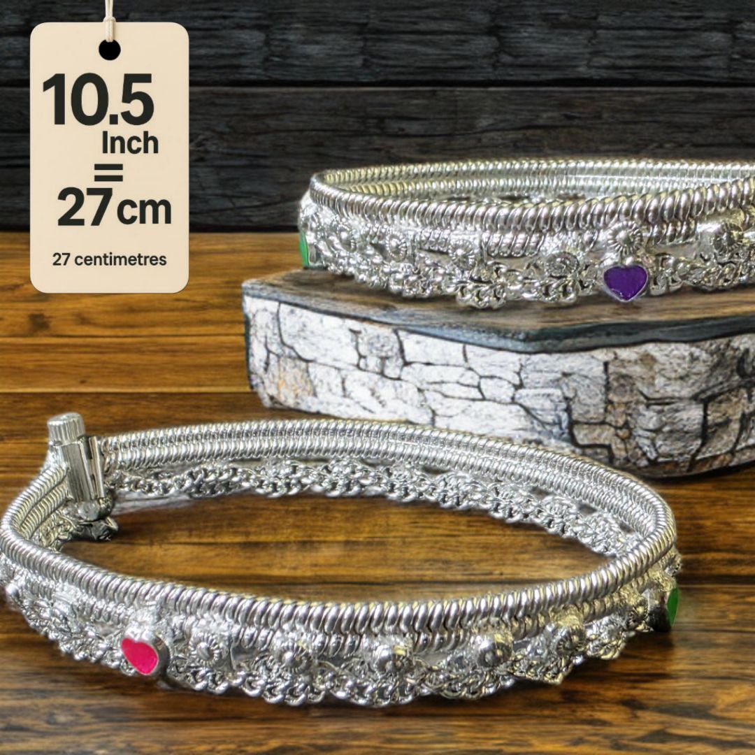 German Silver -Silver Plated Traditional Anklet with NON-Adjustable Size, Contemporary Style, Silver PLATED, 2-Piece Set-10.5 Inch Coloured Heart Details, Set of 2