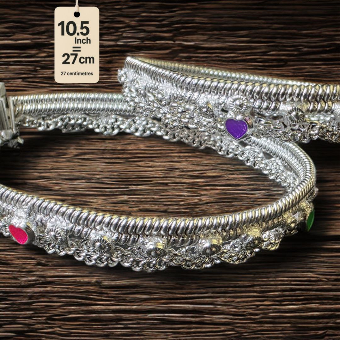 German Silver -Silver Plated Traditional Anklet with NON-Adjustable Size, Contemporary Style, Silver PLATED, 2-Piece Set-10.5 Inch Coloured Heart Details, Set of 2